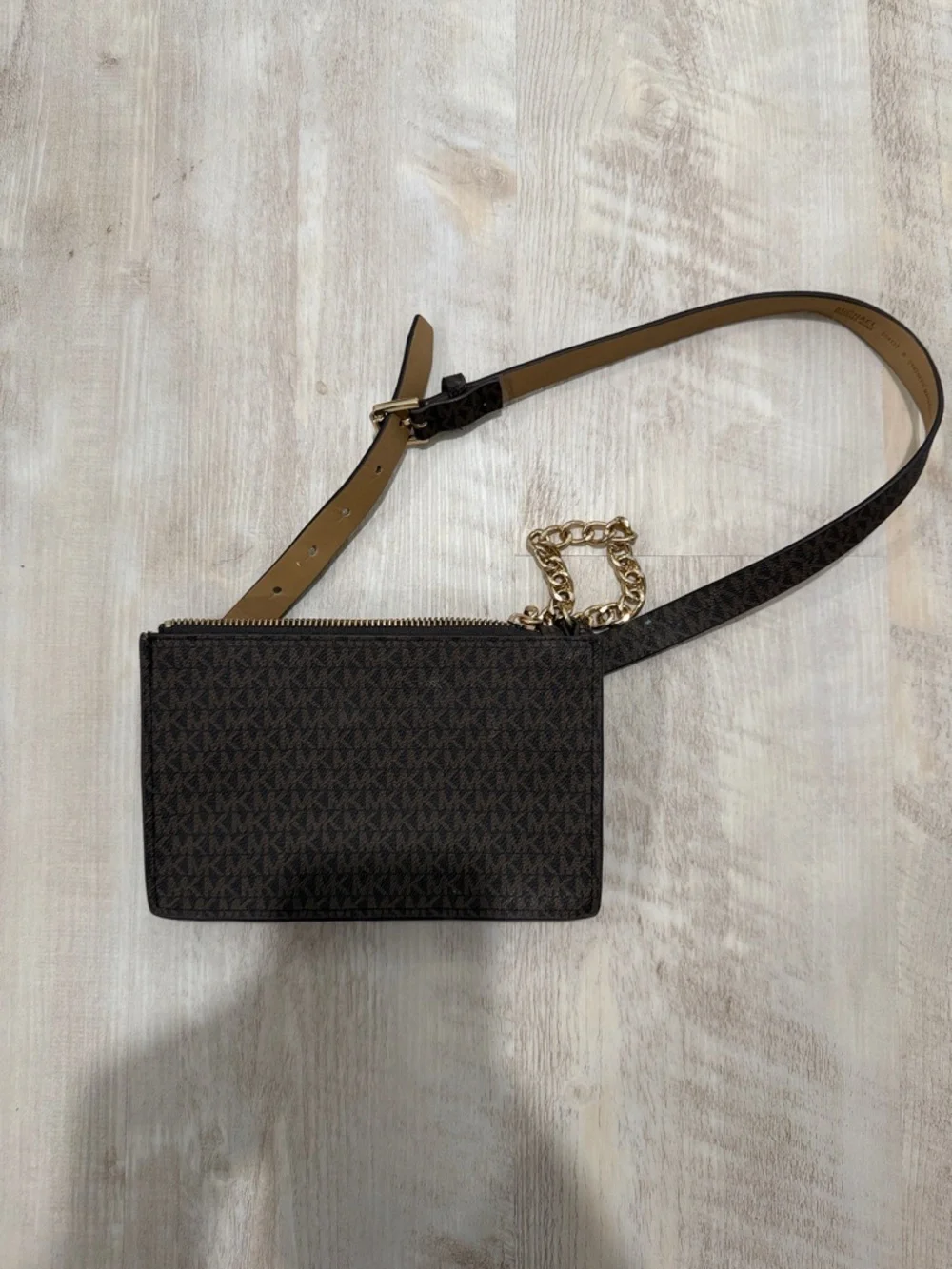 Michael Kors Brown Monogram Crossbody Belt Bag with Gold Chain
